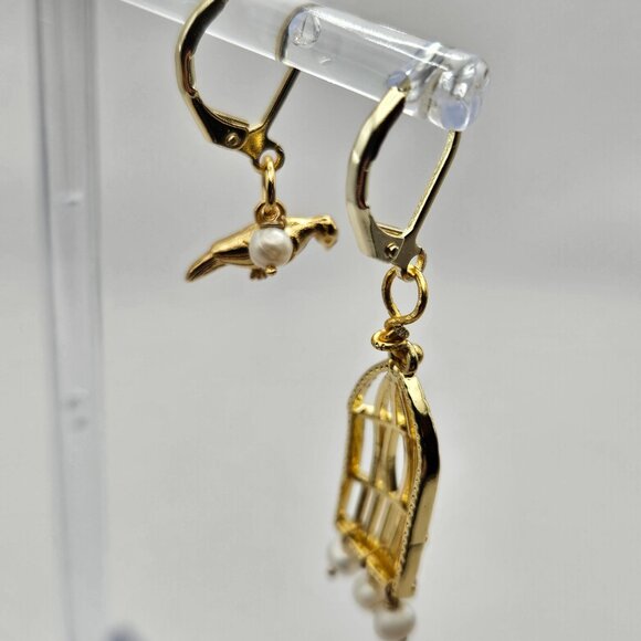 (NWT) 14k GF Caged Bird Flies Free Earring Handmade Vintage - Picture 6 of 13